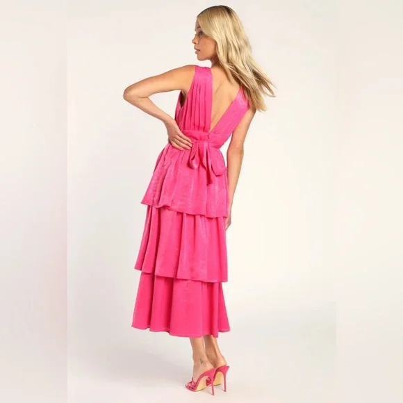 NWT Lulus Peak Party Vibe Satin Tiered Tie Midi Dress Hot Pink - Picture 2 of 8